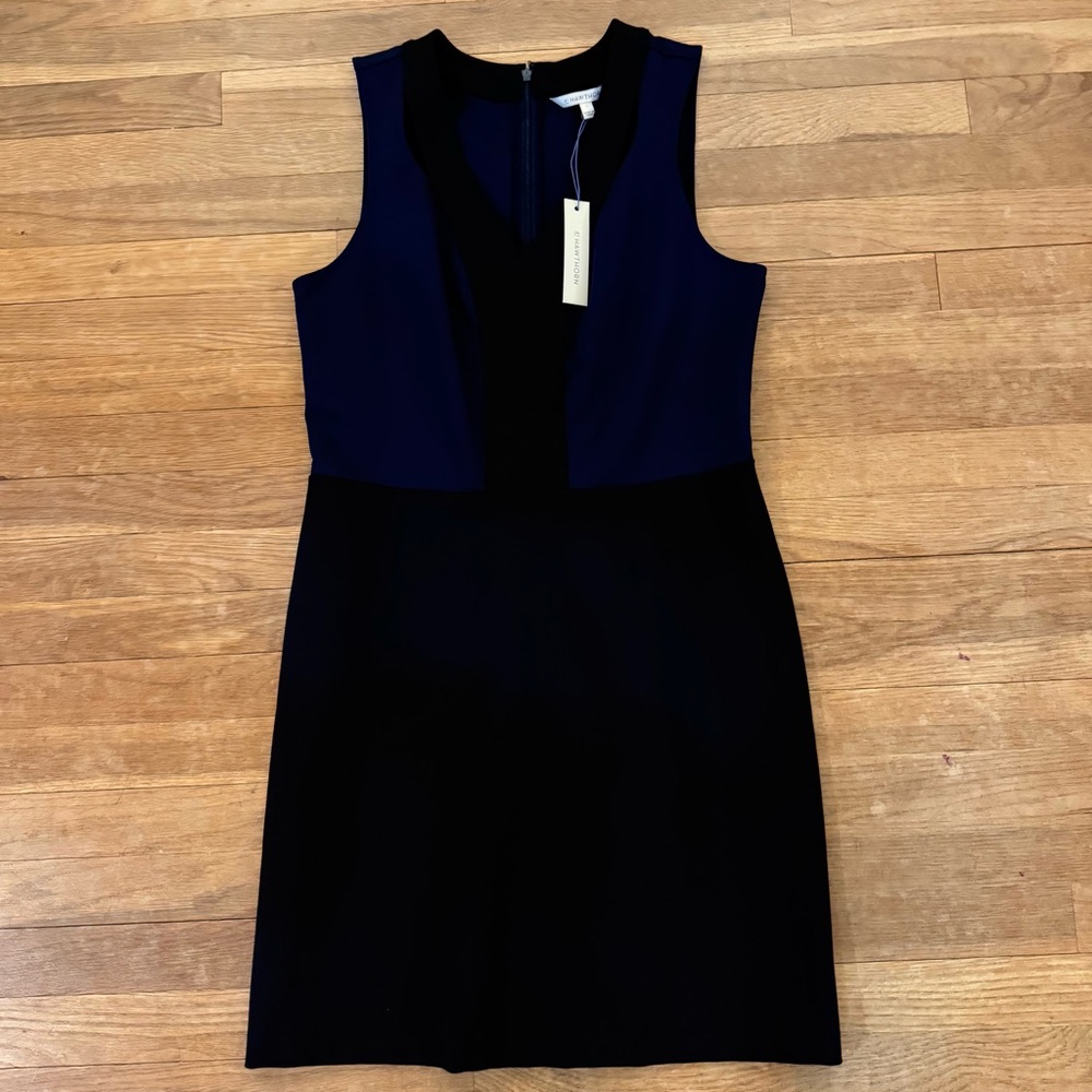NWT 41 Hawthorne Sarya Ponte knit knee length black navy sheath dress sz L
 b55